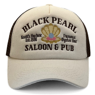 Beige and brown cap with 'Black Pearl Saloon & Pub' text and logo on a white background