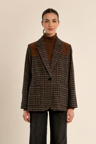 Women's oversized plaid blazer with brown corduroy shoulder patches and single button