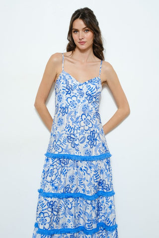 Woman wearing a blue floral dress on a white background