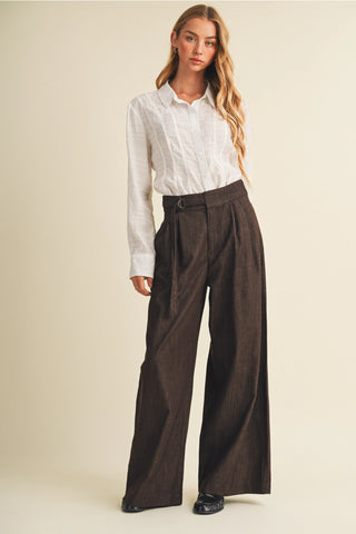 Espresso brown wide leg trousers with buckle pleat detail and high waist