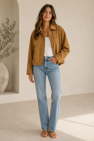Model wearing a cropped camel suede bubble jacket over white top and light wash jeans