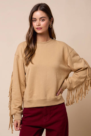 Tan fringe sleeve crew neck sweatshirt with long tassels along both arms