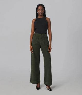 High rise wide leg olive green corduroy pants with front patch pockets and cuffed hem