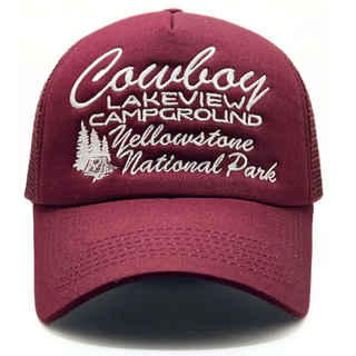 Maroon cap with white text and logo on a white background