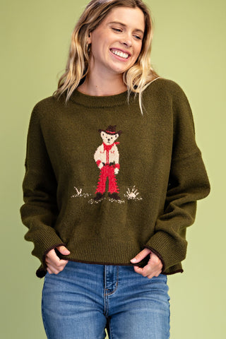 Gigio olive green knit sweater with intarsia cowboy teddy bear graphic
