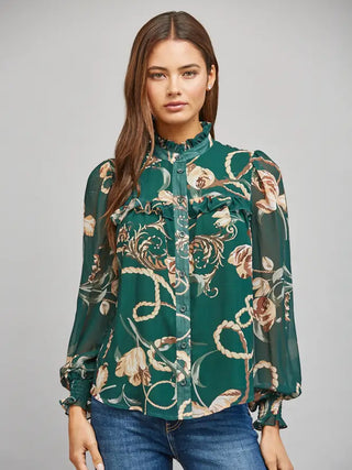 Green floral and chain print chiffon blouse with ruffled high neckline, front view