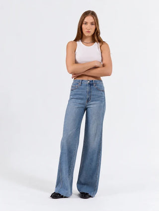 High rise wide leg medium wash blue jeans with seaming detail