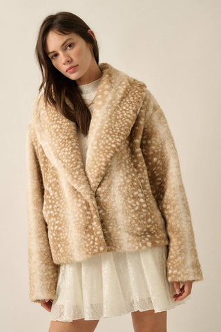 Tan faux fur jacket with deer-spot print, shawl collar, and hook-front closure