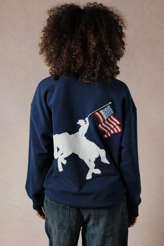 Person wearing a navy blue sweatshirt with a graphic of two dogs holding an American flag on the back.