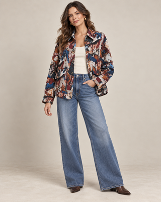 Women's equestrian tapestry print jacket in navy red and earth tones with button front