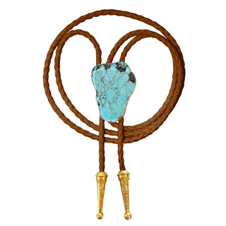 Turquoise gemstone bolo tie with braided brown vegan leather cord and gold metal tips