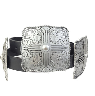 Black leather concho belt with silver engraved Western cross buckle and matching conchos