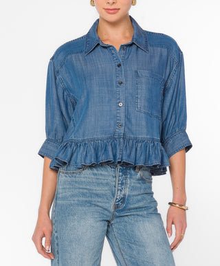 Velvet Heart Georgina cropped chambray denim button-up shirt with ruffle hem