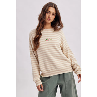 Beige striped cotton crewneck sweater with embroidered fish graphic at chest