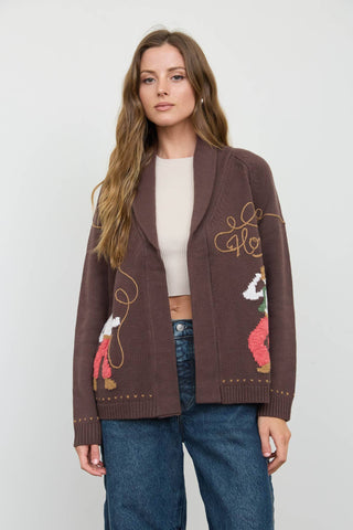 Brown knit open-front cardigan with cowboy jacquard pattern and shawl collar
