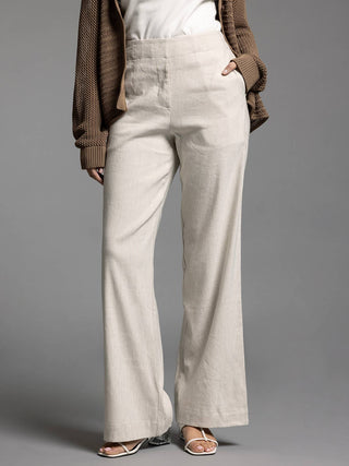 Person wearing light gray wide-leg pants with a plain background