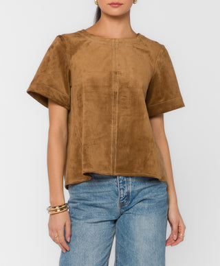 Light tan suede short-sleeve boxy top with white topstitching and crew neck