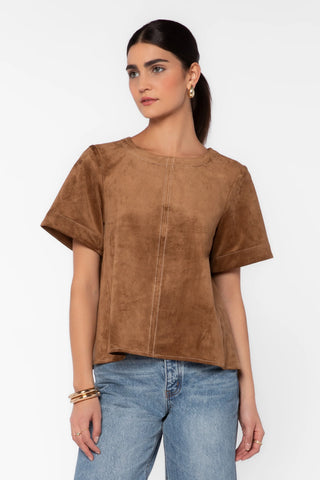 Light tan faux suede short-sleeve boxy top with contrast stitching details