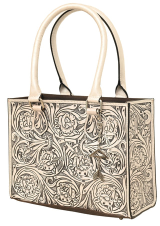 Rafter T Ranch silver floral hand-tooled leather tote bag with double handles