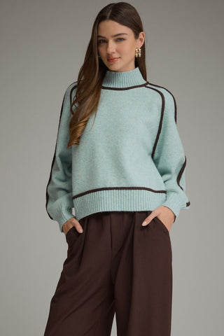 Entro light blue mock neck sweater with dark brown contrast trim detailing