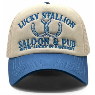 Beige and blue cap with 'Lucky Stallion Saloon & Pub' text on a white background