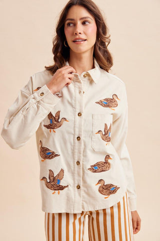 Annie Wear Mallard cream corduroy button-up shirt with embroidered duck pattern