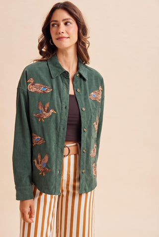 Annie Wear Mallard green corduroy shirt jacket with embroidered duck pattern