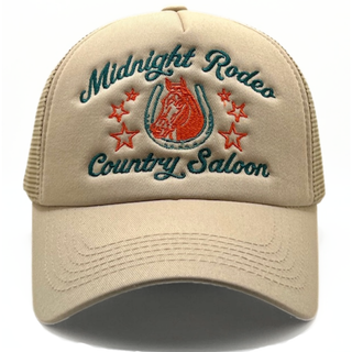 Beige cap with embroidered text and horse design on a white background