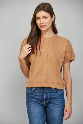 Camel short sleeve cable mixed knit cropped sweater with textured front panel