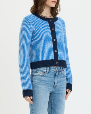 Blue and navy striped knit cardigan with button front and cropped length