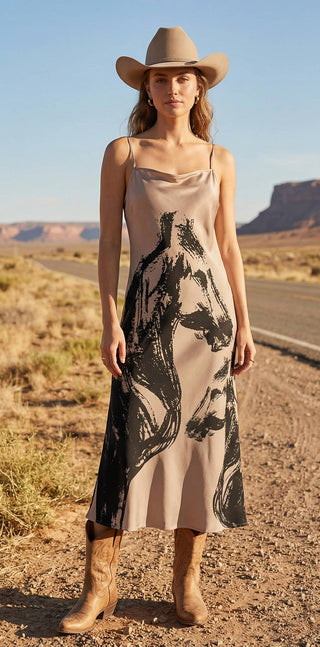 Woman in a dress with horse print and cowboy hat standing in a desert landscape.