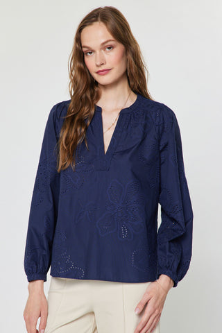 Current Air navy blue eyelet embroidered floral blouse with long sleeves and split neck