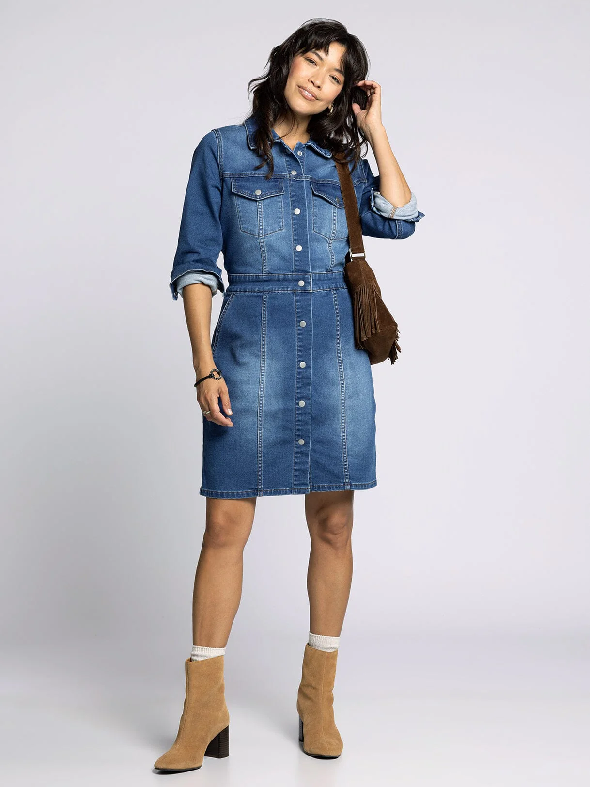 snap front denim dress Colbie Snap Front Dress in Denim Dark Wash / XS