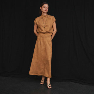 Camel faux suede two-piece set with mock neck top and midi skirt