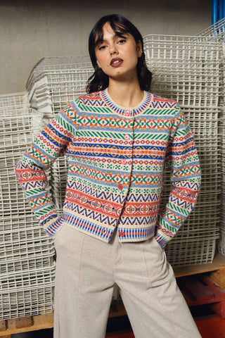 Molly Bracken multicolor Fair Isle knitted cardigan with red buttons on model