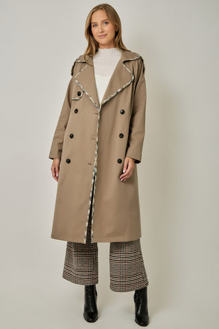 Taupe double-breasted midi trench coat with plaid trim detail and notch collar