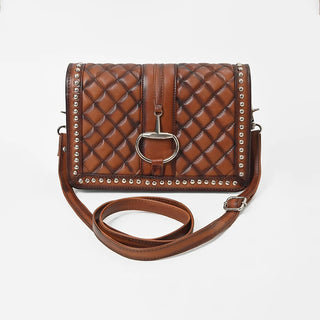 Brown quilted handbag with studded details on a white background