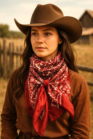 Woman wearing a brown cowboy hat and red bandana in a rustic setting