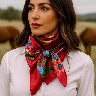 Woman wearing a colorful floral scarf with a field and horses in the background