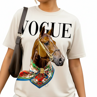 Person wearing a t-shirt with a horse and 'Vogue' design, carrying a brown bag.