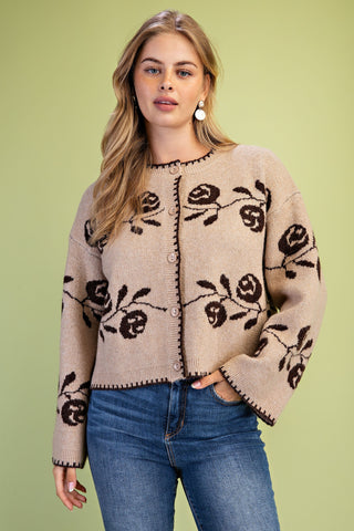 Floral rose print knit cardigan with button front closure and long sleeves