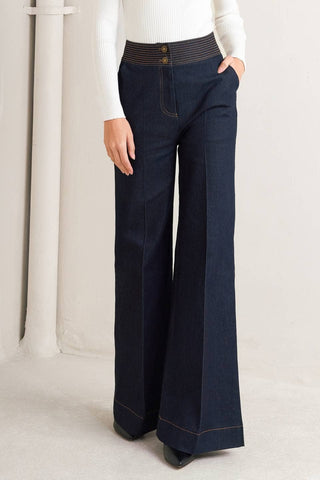 Navy blue wide-leg pants worn by a person on a light background
