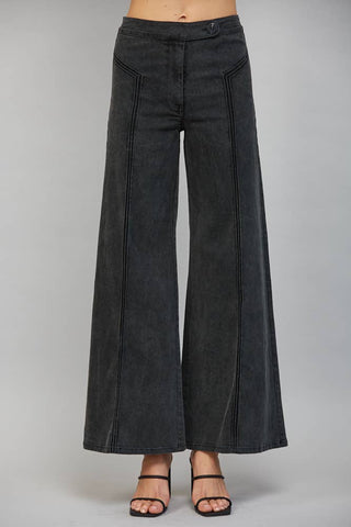 High waisted wide leg flare denim pants with front seam detail and button closure