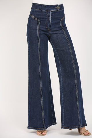 Woman wearing Dark Denim Wide Leg Pants 