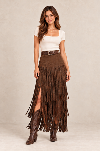 Brown faux suede tiered fringe midi skirt with western belt and cowboy boots