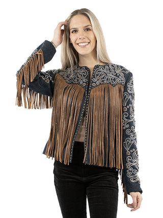 Scully women's dark denim and brown suede fringe jacket with floral embroidery