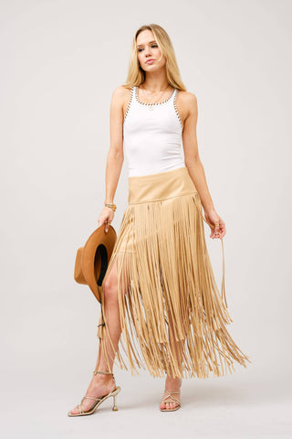 Blue B taupe fringe maxi skirt with long cascading fringe and side slit