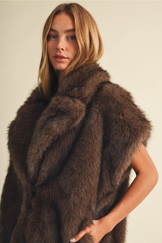 Cappuccino brown faux fur sleeveless vest with plush lapel collar
