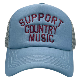 Blue cap with 'Support Country Music' text on a white background