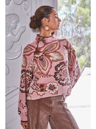 Pink floral paisley mock neck sweater with brown and burgundy pattern, long sleeves